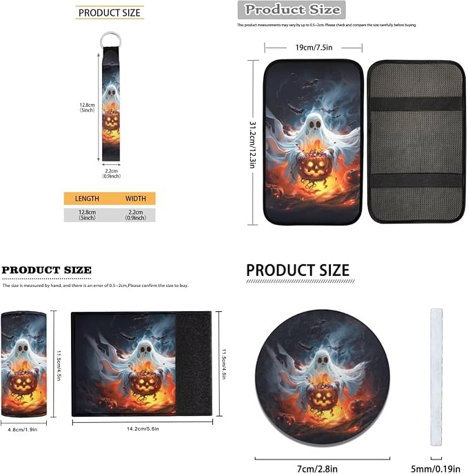 Halloween Ghost and Pumpkin Car Seat Covers Full Set with Steering Wheel Cover Floor Mats Armrest Cover Seat Belt Pads Roof Handle Wraps Cup Coaster Keychains 18 Pcs Auto Interior Accessories