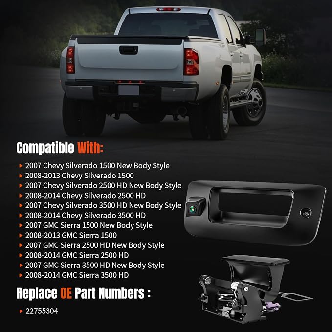 LCWRGS Tailgate Handle Backup Camera & Bezel Trim Fits for 2007-2014 Chevy Silverado & GMC Sierra 1500 2500 3500 HD Tailgate Latch Door Handle Rear View Camera with Lock Cylinder Kit OE# 22755304