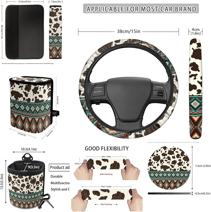 Dreaweet Aztec Brown Cow Print Seat Covers for Cars Full Set - Seat Covers Front and Back with Steering Wheel Cover Seatbelt Pad Coasters Trash Bag Air Vent Storage Bag Rearview Mirror Cover Keychain