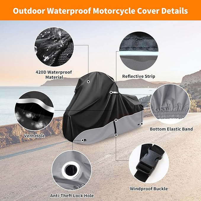 Motorcycle Cover 420D Heavy Duty All-Season Weatherproof Outdoor Protective Cover, Featuring Ventilation Holes & Night Reflective, 86" XL Vehicle Cover/Black Gray
