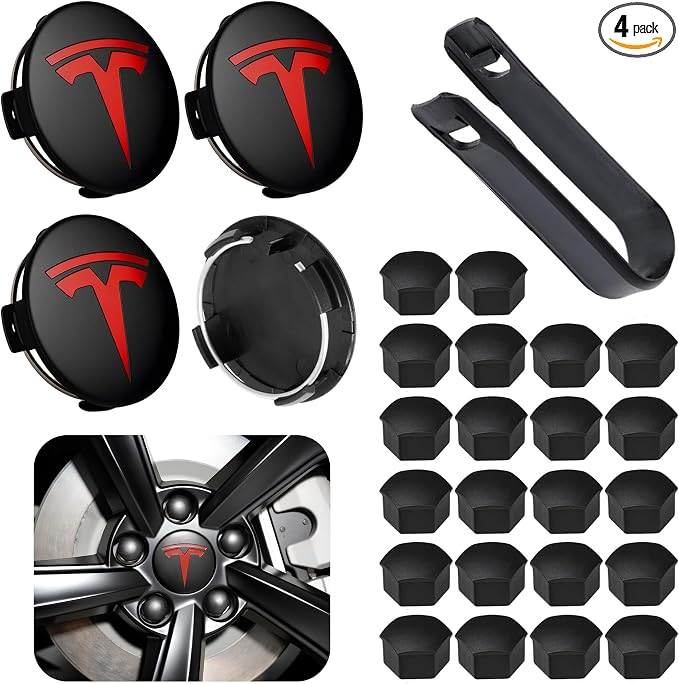 4 Pack Car Wheel Center Hub Cap Kit with 22 Lug Nut Covers, 2.2 in (56mm) Wheel Rim Covers Center Hubcaps with Emblem for Model 3 / Model Y, Matt Black & Red Exterior Decoration for Tesla