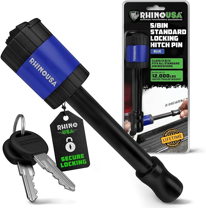 Rhino USA 2” Trailer Hitch Pin – Patented 5/8" Locking Receiver Pin for Class III/IV Hitches – Weatherproof, Anti-Theft, Debris-Protected – Tow Truck Ready – Blue 1PK