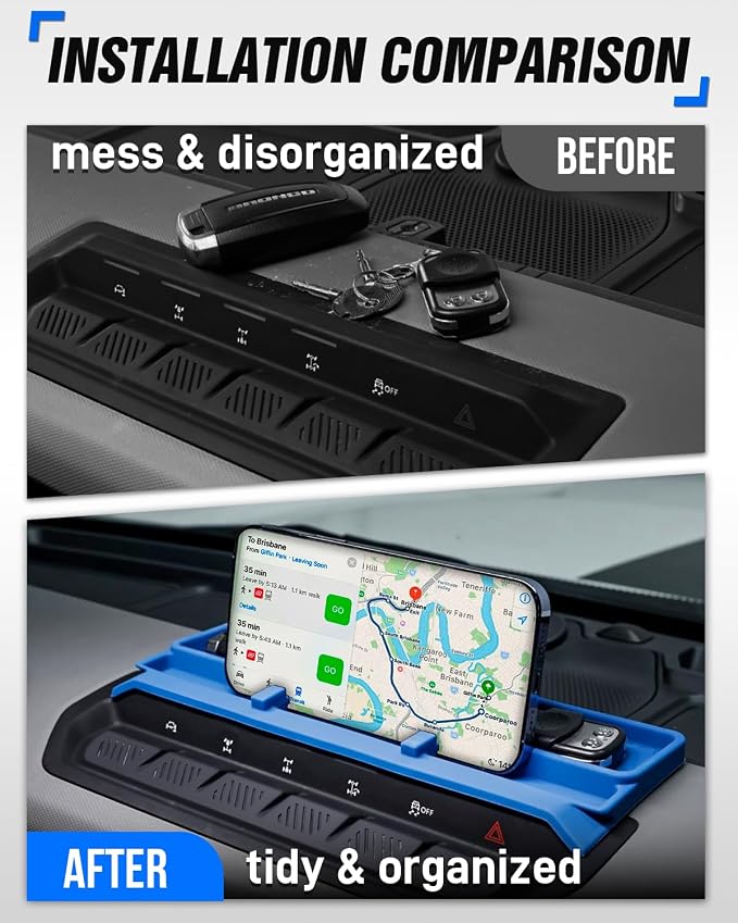 ROADER Bronco Center Console Organizer Compatible with 2021-2025 New Ford Bronco Interior Accessories, Dashboard Insert Tray Storage Box with Phone Holder Dash Organizer - Blue