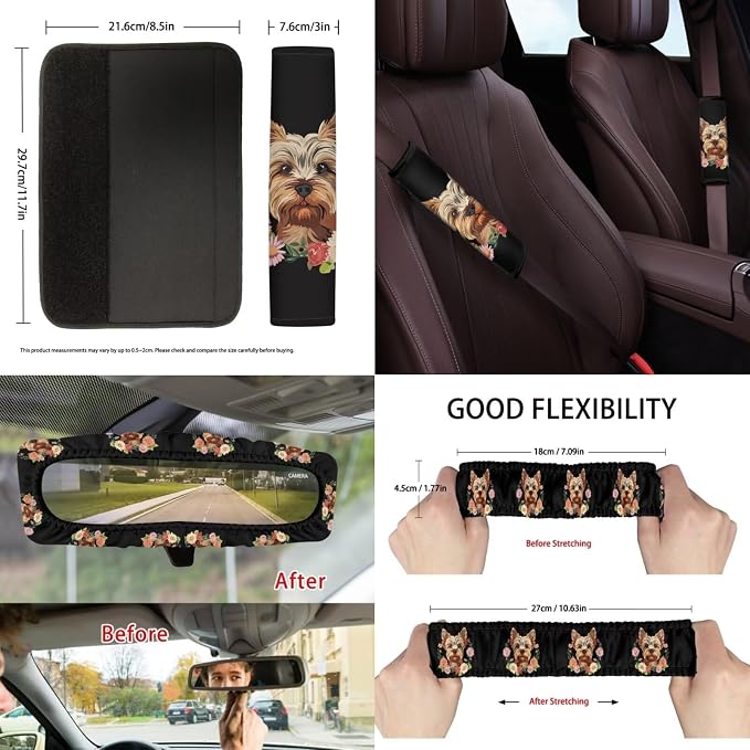 Suobstales Yorkshire Daisy Print Car Seat Cover 13 Sets Auto Seat Cover Protector with Steering Wheel Cover +Seat Belt Covers + Rearview Mirror Cover + Trash Can + Coasters + Keychains
