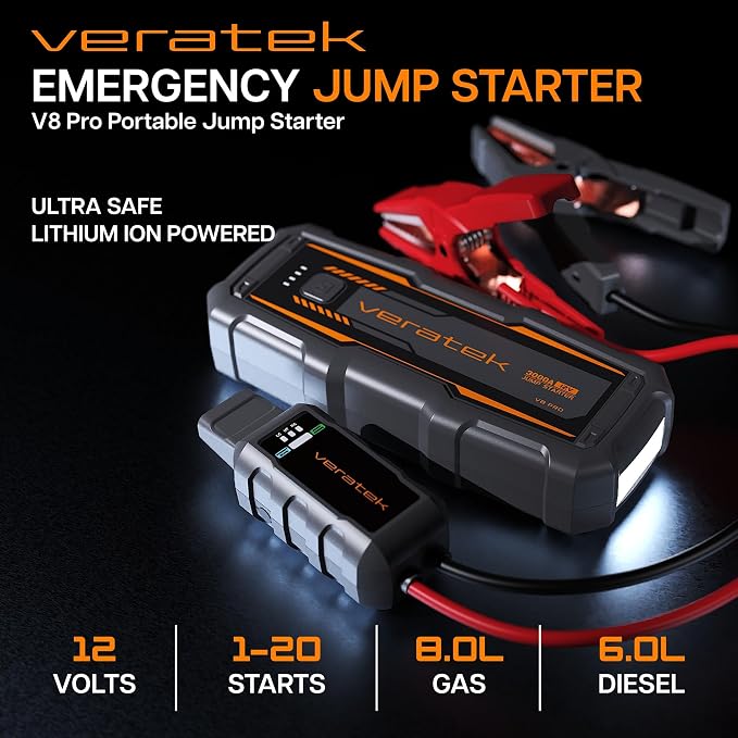 ReelCharge - Veratek V8 Pro 3000A Car Battery Jump Starter Portable (8.0L Gas & 6.0L Diesel) – 12V Lithium Battery Booster Pack with SmartCharge Safety, Jumper Cables, 20000mAh Power Bank, Jump Box.