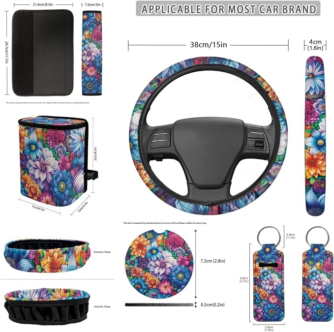 Colorful Flowers 12 Pack Automobile Seat Cover Set Car Steering Wheel Cover Seat Belt Cover Car Trash Can Coasters Decor Accessories Fit Most Cars, Truck, SUV, or Van
