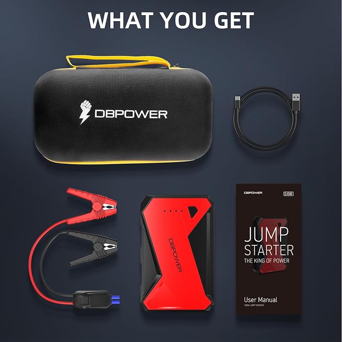 DBPOWER 1000A Portable Car Jump Starter (UP to 7.0L Gas, 5.5L Diesel Engine), 12V Lithium-Ion Auto Battery Booster, Power Pack with LCD Screen Clamp Cables,USB Quick Charge, LED Flashlight