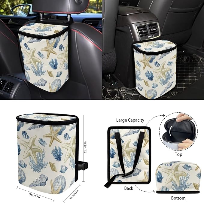 Beach Starfish 15 PCS Car Seat Cover Set with Auto Steering Wheel Cover Seat Belt Strap Protector Cup Holder Trash Bag Rear View Mirror Protector Keychain
