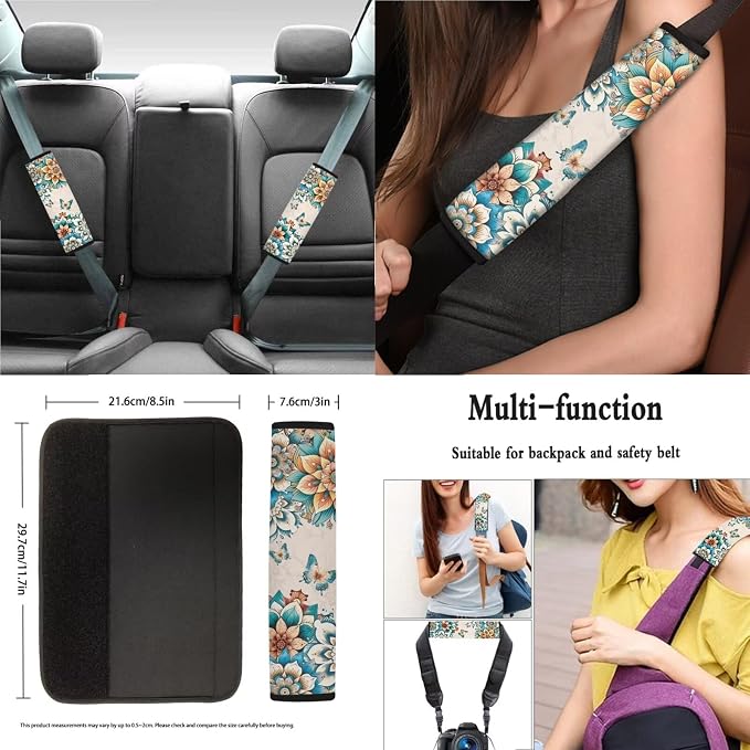 Boho Mandala Butterfly Pattern 13 Pieces Car Accessories, Car Seat Covers Full Set, Wear Resisting Steering Wheel Cover, Seat Belt Pads, Cup Holder Coasters Auto Interior Decoration