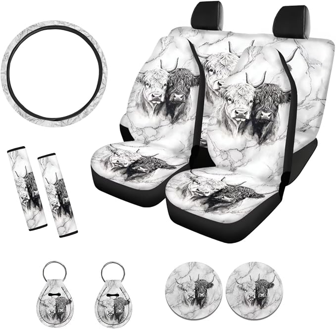 Suobstales Highland Cattle Marble Print Car Accessories Seat Covers for Cars for Women Full Set with Steering Wheel Cover + Seat Belt Covers + Coasters + Keychains Interior Cover Set of 11