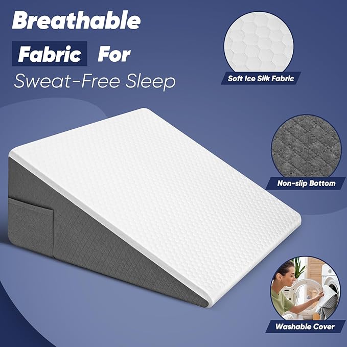 Bed Wedge Pillow for Sleeping, Reading & Resting, 10 inch Cooling Memory Foam Incline Pillow Wedge for Adults Seniors, Ideal for Couch, Bedroom & Living Room, Removable Washable Cover