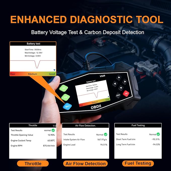Enhanced OBD2 Scanner Diagnostic Tool - Check Engine Code Reader with Battery Tester, EVAP, Live Data, Mode 6/8, Professional Car Scan Tool with Freeze Frame, DTC Lookup for All OBDII Vehicles 1996+