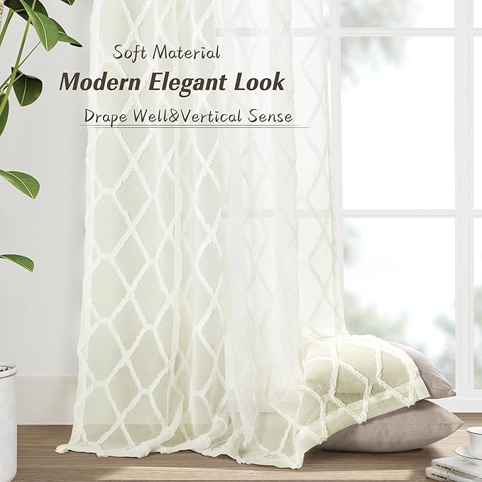 Cream Sheer Curtains 108 Inches Long 2 Panels Rod Pocket Back Tab Top Elegant Ivory Drapes for Bedroom Light Filtering Privacy Window Treatment Extra Long Embroidered Sheer Curtains for Living Room