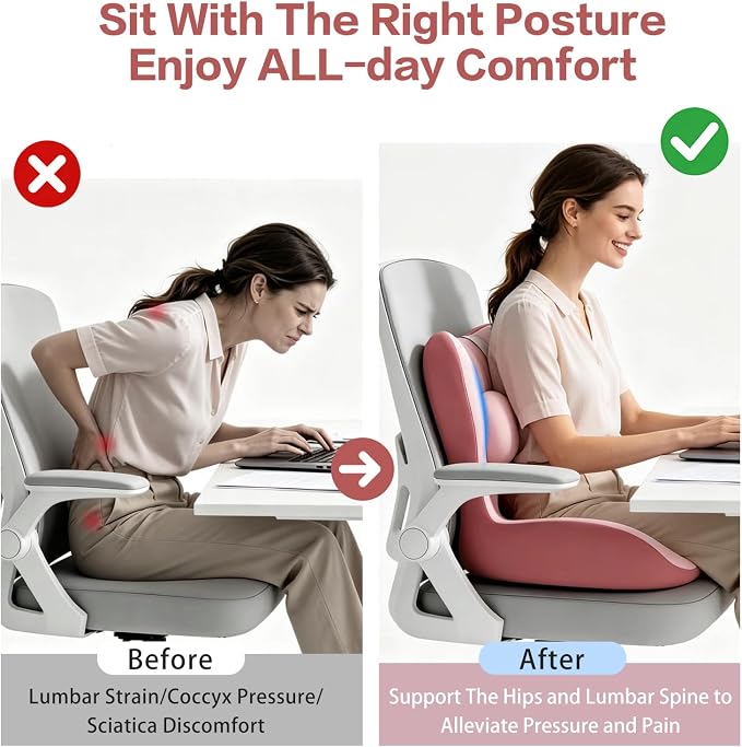 Office Chair Cushion with Adjustable Lumbar Support Pillow, Ergonomic Memory Foam Seat Cushion for Desk Chair, Tailbone Pressure Relief Cushion with Back Support Pillow for Car Seat