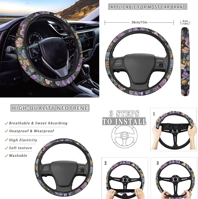 Beautiful White Horse Car Interior Accessories Set for Women, Car Seat Cover Full Set with Automotive Steering Wheel Cover Auto Center Console Pad Seat Belt Pads