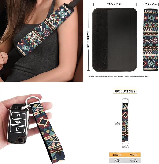 Tribal Pattern Car Seat Covers Set of 15 with Universal Steering Wheel Cover, Rearview Mirror Cover, Car Trash Can, Seatbelt Pads, Cup Holder Coasters, Keychains