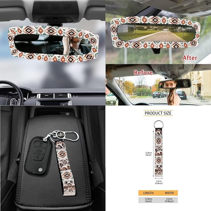Wanyint Car Seat Cover Covers with Steering Wheel Seat Belt Strap Pad Trash Bag Phone Holder Rearview Mirror Accessories Cup Holder Key Chain Auto Decor, 15 Pack, Aztec Navajo Leopard Print