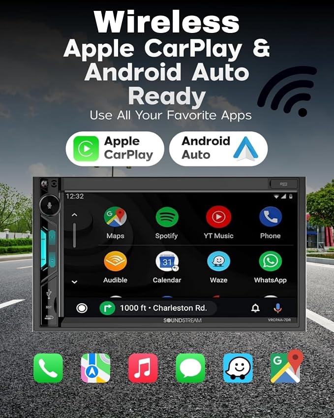 Soundstream VRCPAA-7DR 7" Double DIN Touchscreen Car Stereo, Wireless Apple CarPlay & Android Auto, Bluetooth Hands-Free, USB/AUX, Backup Camera Input, Steering Wheel Control, FM/AM, In-Dash Head Unit