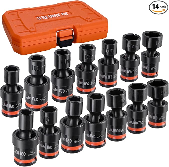 14-Piece 3/8" Drive Shallow Impact Universal Joint Swivel Socket Set, Metric(10-19mm) & SAE(3/8-3/4), Flexible Wobble, CR-MO Steel, with Heavy-Duty Storage Case