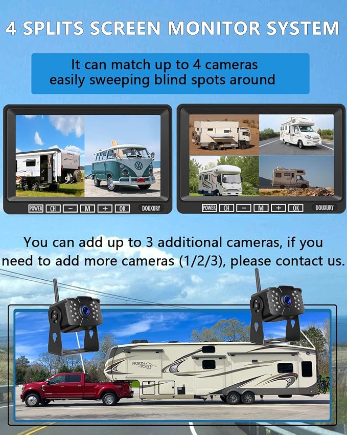 RV Backup Camera Wireless DOUXURY IP69 Waterproof 170° Wide View Angle HD 1080P Rear View Camera + HD LCD 7" Monitor, Digital Wireless Camera System for RV Truck 5th Wheel Trailer Pickup Camper Bus