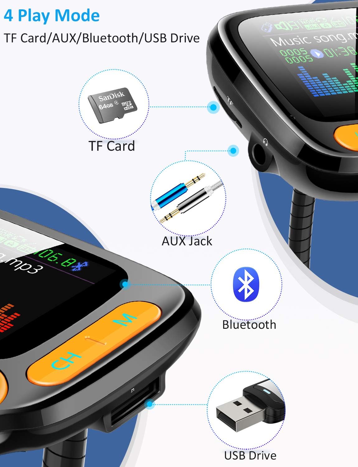 TSNAM Bluetooth FM Transmitter Car Adapter,Support Wireless Handsfree Call and MP3 Music/APP Audio Play,1.8" Color Screen,3 USB Charger,3.5mm AUX Port,Compatible with iPhone,iPad,Samsung and More