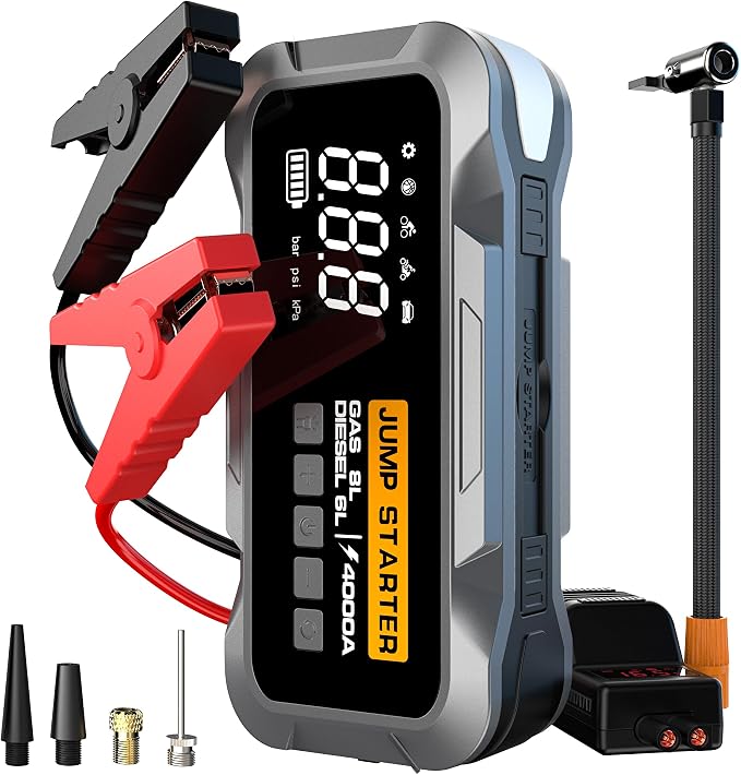 4000A Car Jump Starter with Air Compressor 150PSI Tire Inflator — 12V Portable Battery Booster Power Pack 20000mAh — Emergency Jump Box for 10L Gas 8L Diesel Engines with LED Light USB Charger
