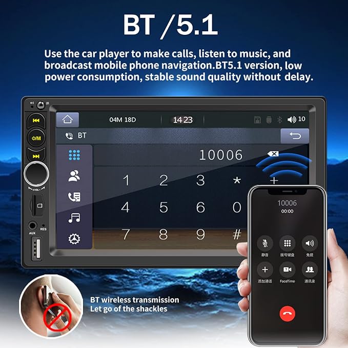 7'' Double Din Car Stereo Build-in Apple Carplay,Bluetooth 5.1 Hand-Free Calling,Touchscreen Car Radio FM,GPS Navigation,Night Vison Backup Camera,USB/TF/Subwoorf/240 watts