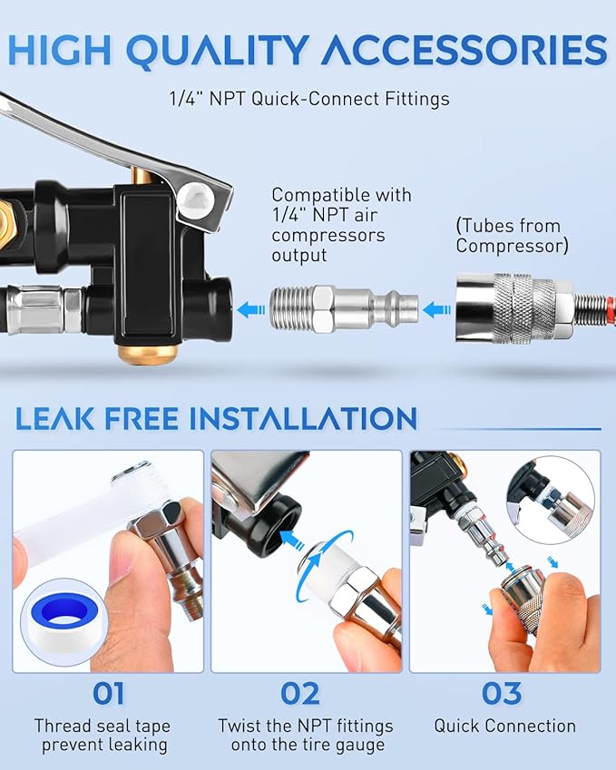 Nilight Digital Tire Inflator Deflator with Pressure Gauge 250 PSI Heavy Duty Air Chuck Compressor Attachments with Rubber Hose & Quick Connect Coupler 0.1 Display Resolution for Car Truck SUV RV