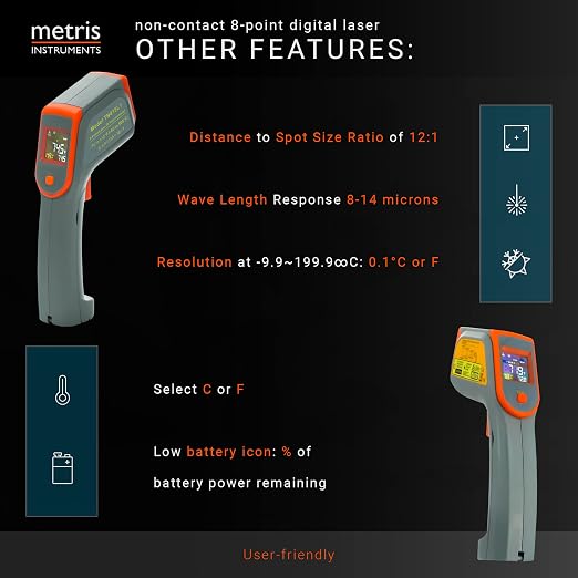 Digital Infrared Thermometer Gun Laser Temperature Gauge for Cooking, Grill, Pizza Oven, HVAC Tools, 8-Point, 76o to 932o F [-60o to 500o C] 12:1 D:S Ratio, Model TN418L1