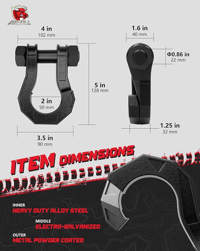3/4" Easy Open D Ring Separate Shackles (17,600 lbs WLL) with 3/8" G80 S Shaped Tow Hook (11,200 lbs WLL) Off-Road Recovery Kit, Heavy Duty Winch Towing Combo, Black