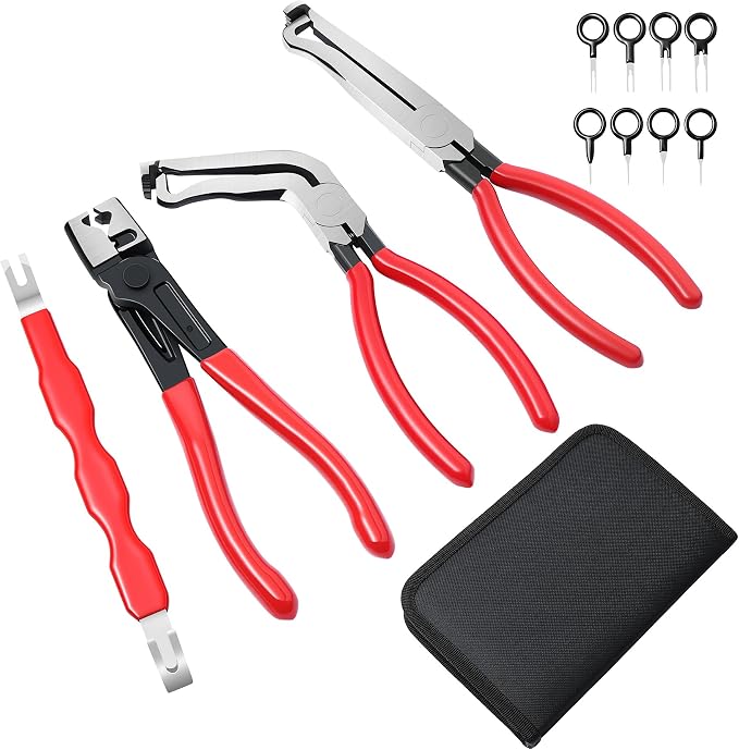 5 Pieces Electrical Disconnect Pliers for Cars Automotive Electrical Plug Connector Disconnect Tool and Connector Separator and Hose Clamp Pliers with Gloves for Cars, Trucks & SUVs (Red)