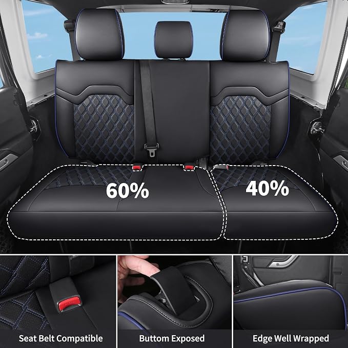 Huidasource Wrangler Seat Covers 4 Door 2007-2017, Front & Rear Airbag Compatible Leather Seat Cover for Jeep Wrangler JK Unlimited Sahara, Rubicon, Sport, Willys (Full Set/Black&Blue)
