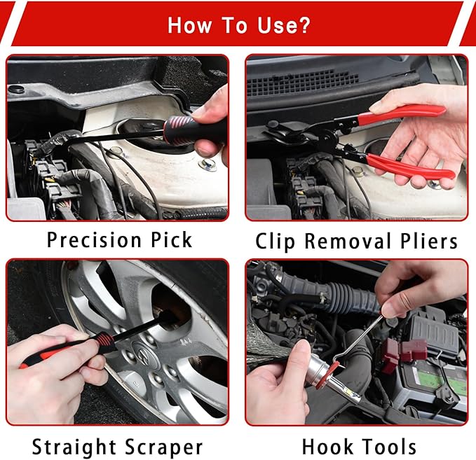YEZriler 17 Pcs Mechanic Hook Pick Tool Set and Auto Trim Removal Tool Kit with Auto Clip Plier Rivets Puller Telescoping Magnetic Pickup Gasket Scraper for Remove Automotive Hand Pick Up Tools