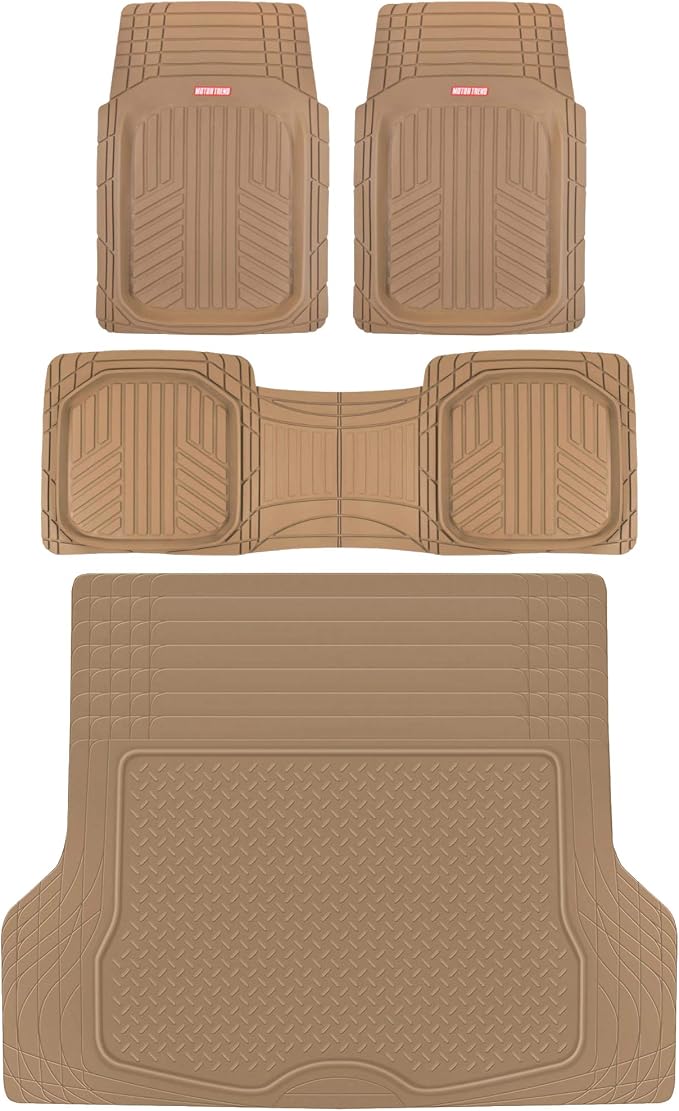 Motor Trend FlexTough™ Deep Dish Plus Rubber Car Floor Mats with Trunk Mat Cargo Liner, Front & Rear Combo Set fits Most Car SUV Van Coupe Sedan, Heavy Duty All Weather Trim to Fit