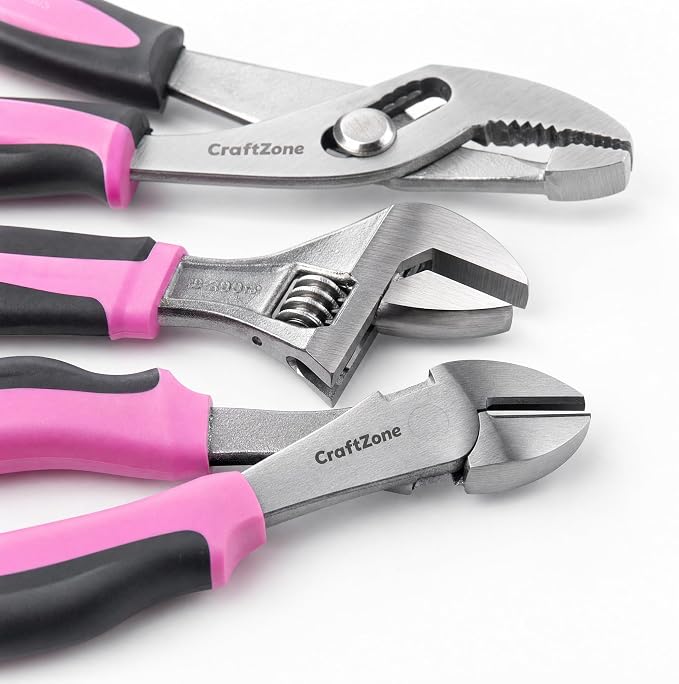 CRAFTZINE 231PCS Pink Tool Kit for Home and Auto Repair, Portable Tool Bag with Wide Mouth Storage | Mechanic Hand Tool Set for Women - Pink Ribbon Design | Pink Ribbon Design