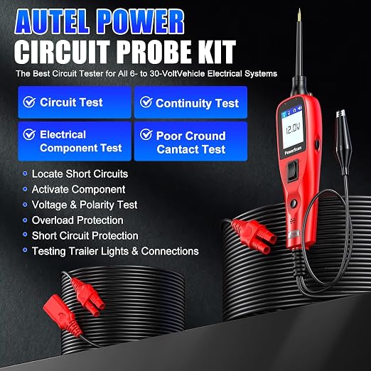 Autel PowerScan PS100 Automotive Relay Tester Circuit Probe Tool 12V 24V Car System Diagnostic Scan Tool with 20ft Extension Cable Read AC DC Resistance Short/Open Circuit Test