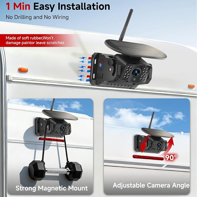 Wireless Magnetic Backup Camera Replacement Add-on for RV | Solar 15000mAh Rechargeable Battery Reverse Camera. Waterproof Night vision for Truck, Trailer, Pickup, Tractor, Camper