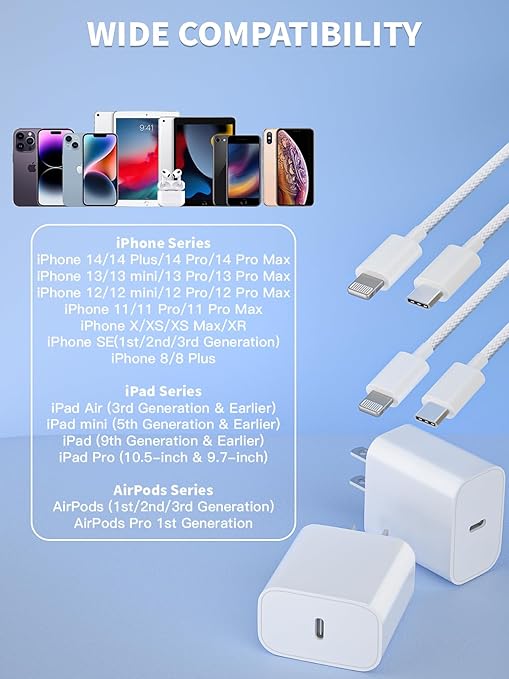 iPhone 14 13 Lightning Charger, [Apple MFi Certified]2Pack USB C Fast Charger Block Adapter with 2Pack Woven USB C to Lightning Cable for iPhone 14 Pro Max/14 Plus/13 Mini/13 Pro Max/12/11/X/8,AirPods