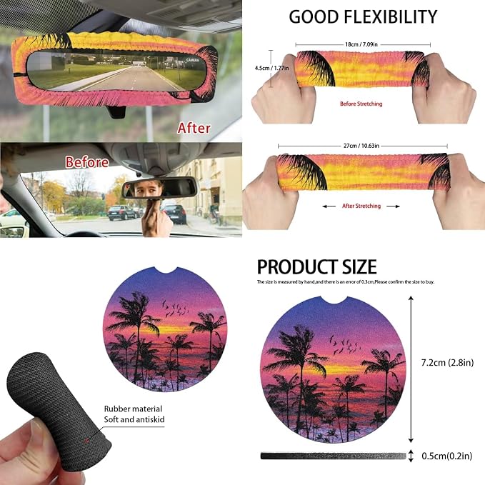 Sunset Tropical Palm 15 PCS Car Seat Cover Full Set, with Steering Wheel Cover Seat Belt Cover Trash Cans Rear View Mirror Cover Cup Coaster Keychain Universal Fit