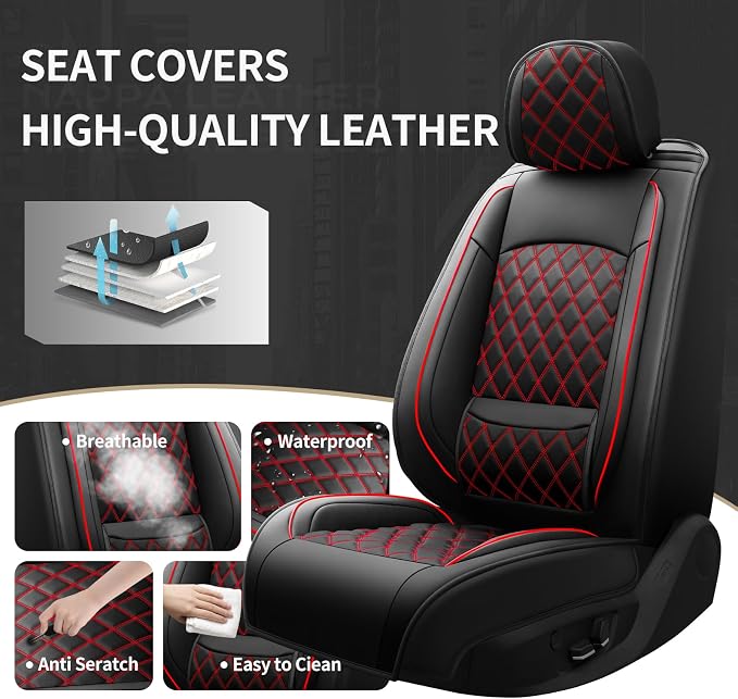 Fit Fusion Car Seat Covers for Ford Fusion 2007-2020 - Luxury Leather, Anti-Slip, All-Weather Seat Cushions, Waterproof & Breathable, Airbag Compatible, Full 5-Seat Set (Black&Red)