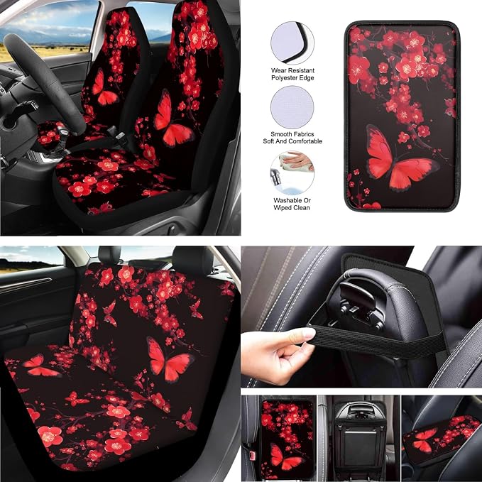 Cherry Blossom Butterfly Car Seat Cover Universal 13pc Butterfly Hand Drawing Front Back Seat Covers Bucket Seat Cover for Car, SUV & Truck Car Decor&Coaster