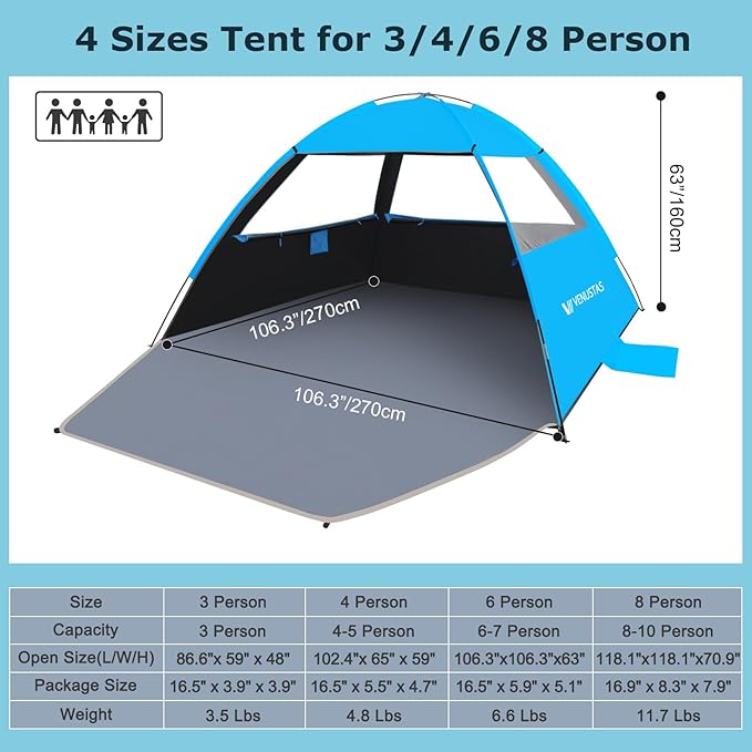 Venustas Beach Tent Sun Shelter for 3/4/6/8 Person, UPF 50+ UV Protection Beach Canopy, Lightweight and Easy Setup Cabana, Portable Shade Tent