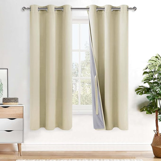 XWZO 100% Blackout Curtains - Heat and Full Light Blocking Drapes with Black Liner for Bedroom/Laundry Room, Grommet Top Window Panels with Tiebacks, Beige, W42 x L72, Set of 2