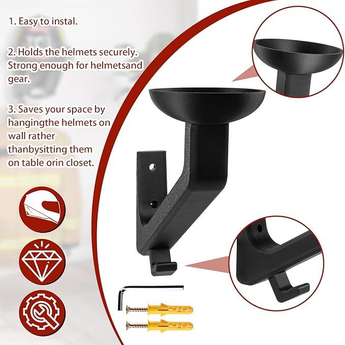 Helmet Holder, Firefighter Helmet Holder Wall Mount, Helmet Hanger for Football Helmet, Hats, Coats, Sportswear, Motorcycle Accessories for Men, Easy Installation