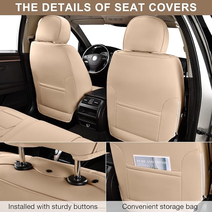TIEHESYT Beige Car Seat Covers Full Set, Breathable Leather Automotive Front and Rear Seat Covers & Headrest for Comfortable Driving, Compatible with Most Cars Sedans SUV Pickup Trucks