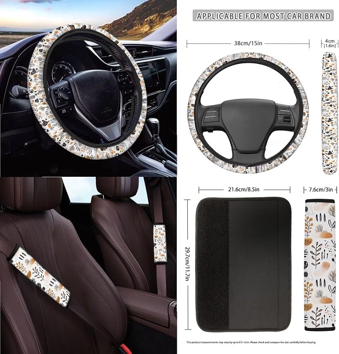 Boho Abstract Geometric Art Print 15Pcs Car Seat Cover Full Set Car Steering Wheel Cover Seat Belt Cover Trash Bin Air Vent Storage Box Front Rear View Mirror Car Cup Holder Keychain