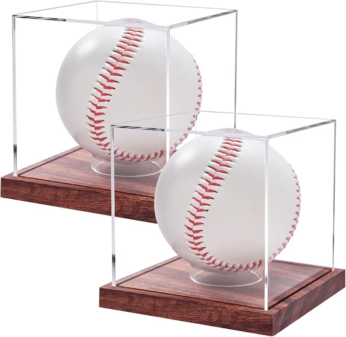 LITY 2 Pack Baseball Display Case, No Assembly Required Clear Cube Tennis Ball Holder with Solid Wooden Base, Autograph Baseball Stand Box for Single Ball