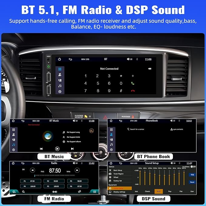 【EQ+5.1-Bluetooth】 Single Din Car Stereo Radio Receiver with A-pple CarPlay Andriod Auto GPS，6.9“ HD Touch Screen 1 din Car MP5 Player FM Radio Mirror Link USB Fast Charge Media Player Backup Cam