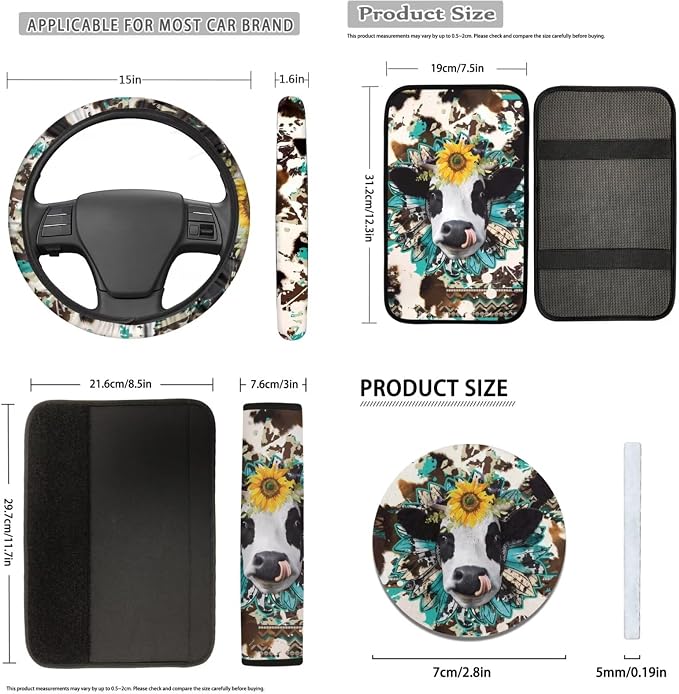 Cow Car Seat Covers Full Set,12Pcs,Sunflower Western Cow Car Seat Protectors,Universal Fit Front Back Seat Cushion/Seatbelt/Steering Wheel Cover/Anti Slip Coaster/Keychains for Cars SUV Truck