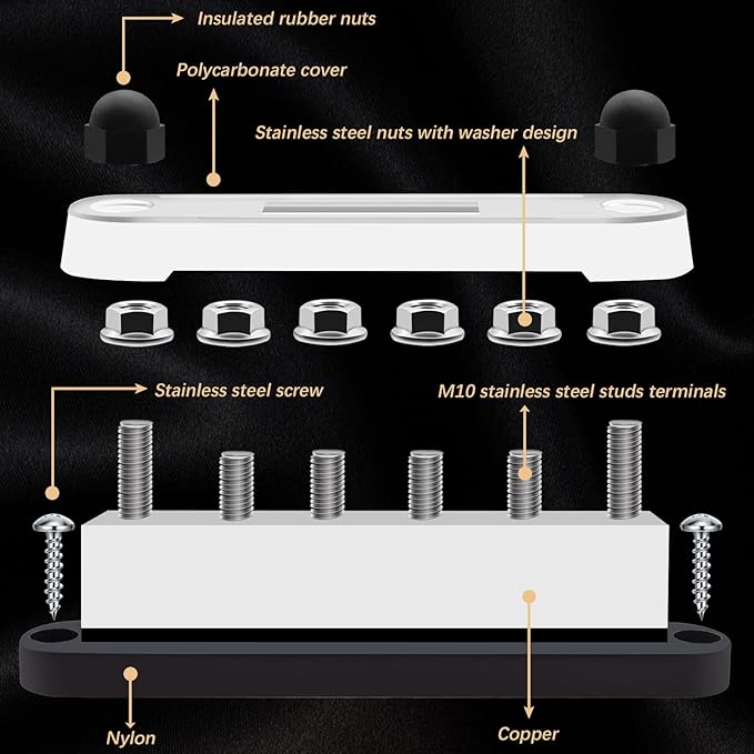 650A 12V Bus Bar Marine 12V - 48V Power Distribution Block with Cover with 6 x 3/8” (M10) Post,Battery 12V Bus Bar with 4PCS Battery Lugs and 4PCS Heat Shrink Tubing for Car Boat Marine